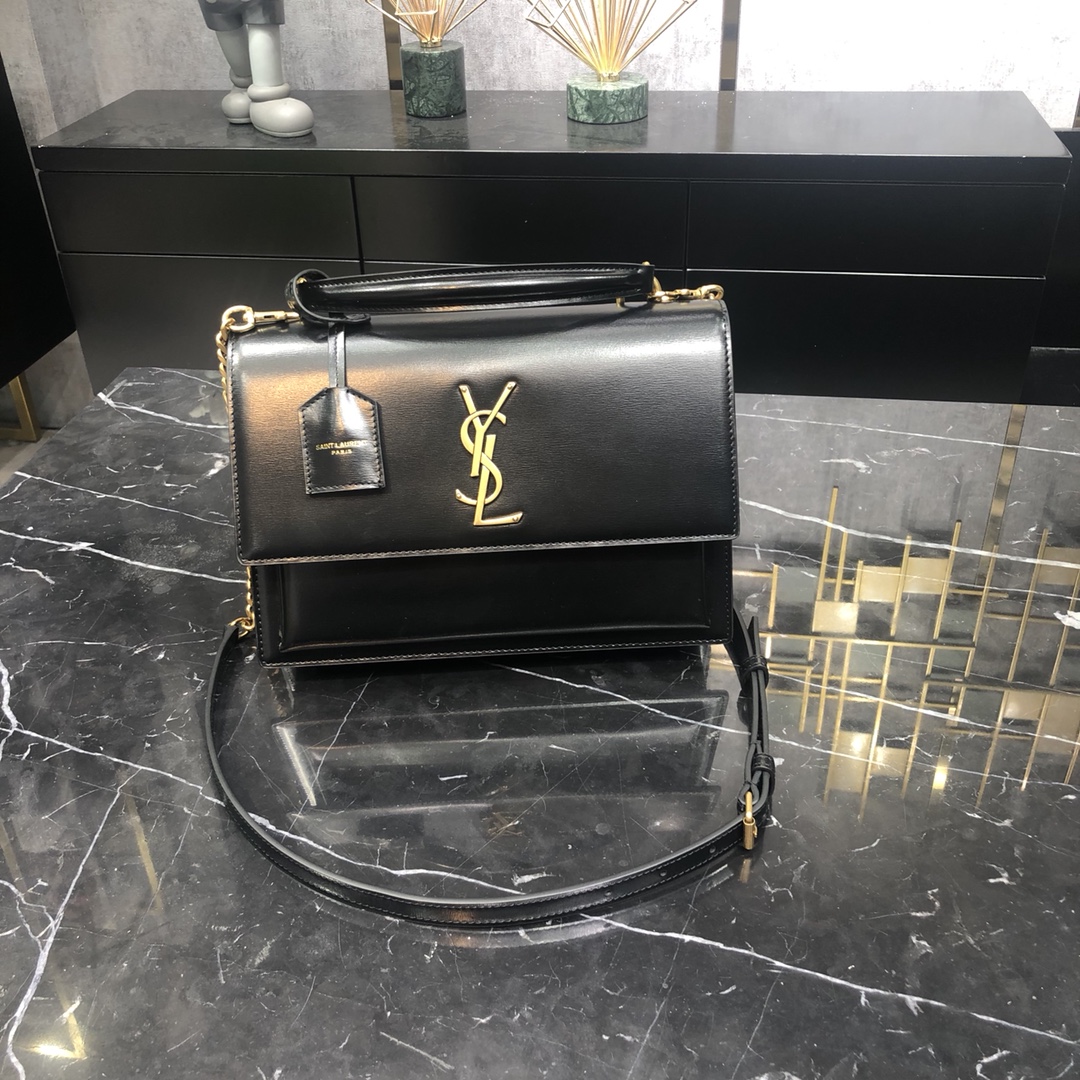 Saint Laurent Sunset Top Handle Smooth Calfskin Handbag Shoulder Bag Black 634723 Gold